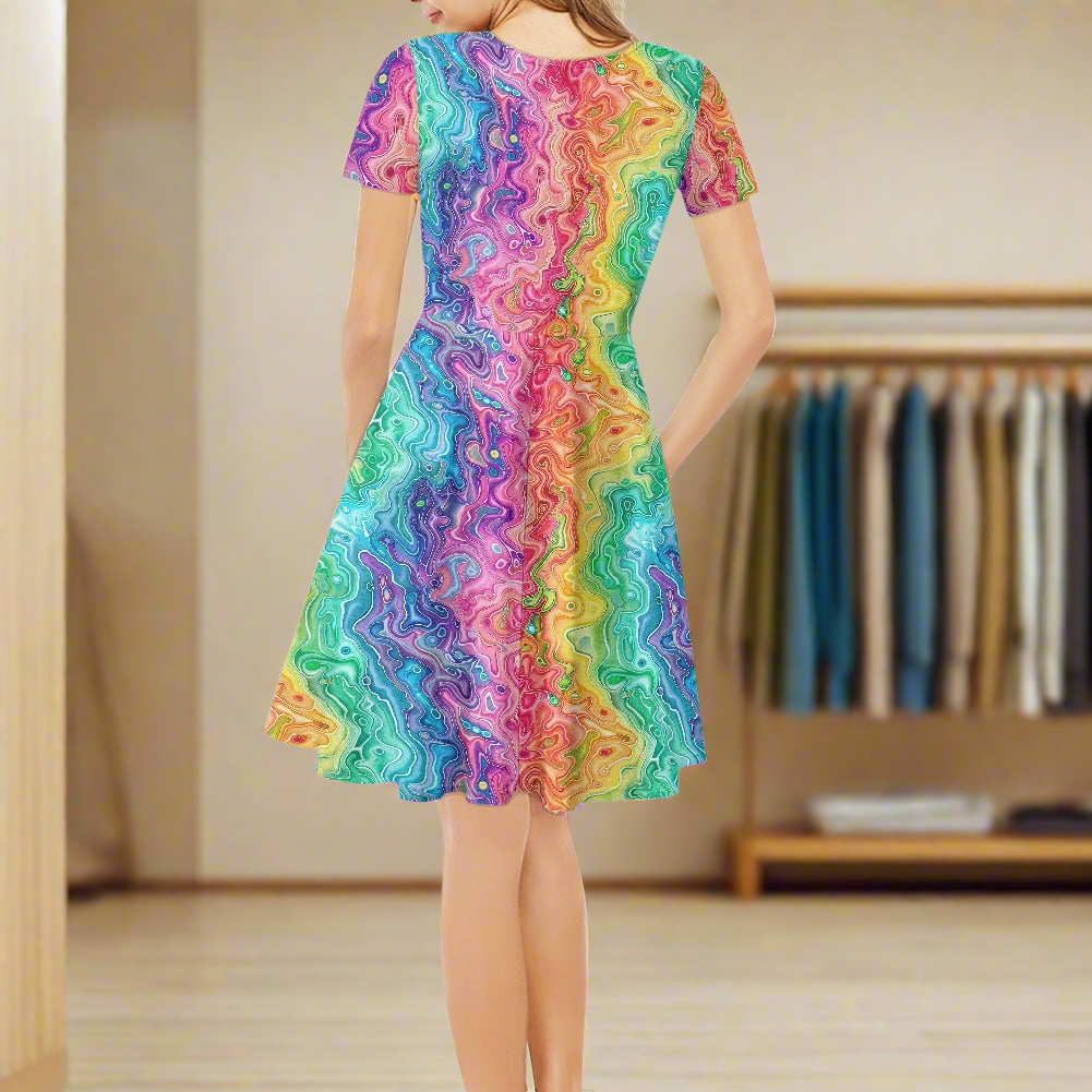 Rainbow Women V-Neck Short Sleeve Ruffle Dress