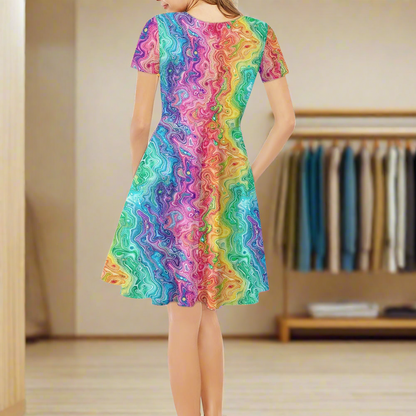 Rainbow Women V-Neck Short Sleeve Ruffle Dress