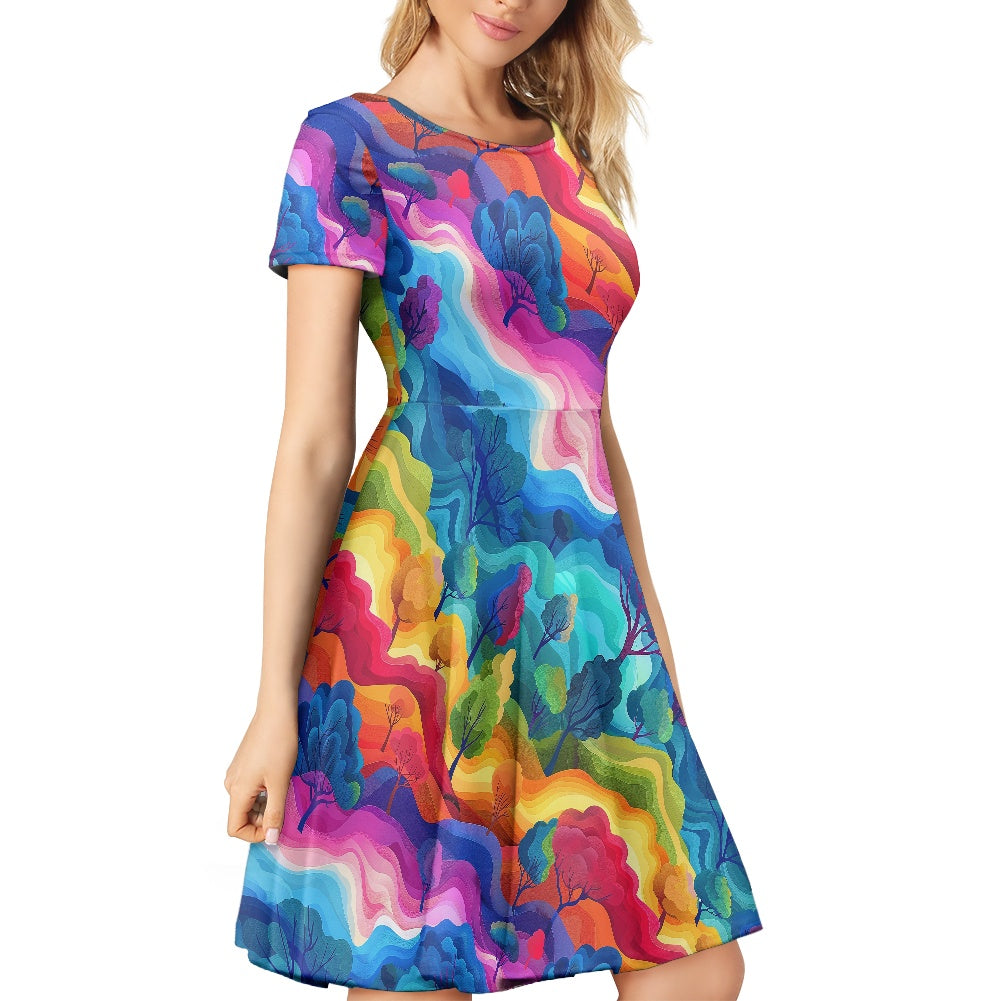 Women Scoop Neck Short Sleeve Ruffle Dress