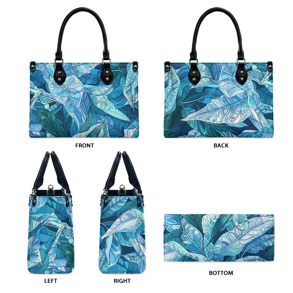 Ocean Leaf Designer  - Versatile Women's PU Leather Twill Handbag in Tropical Blues