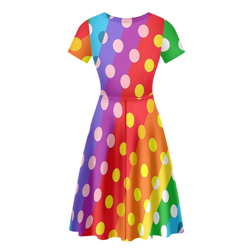 Rainbow Polka Dot Women Scoop Neck Short Sleeve Ruffle Dress