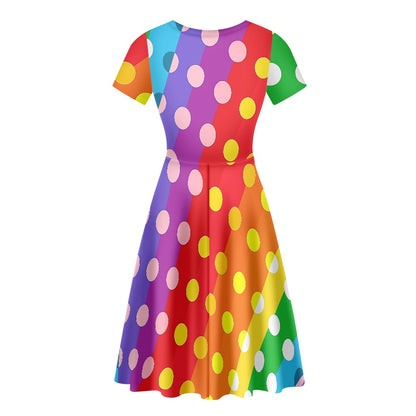 Rainbow Polka Dot Women Scoop Neck Short Sleeve Ruffle Dress