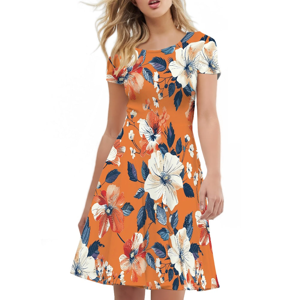 Women Scoop Neck Short Sleeve Ruffle Dress