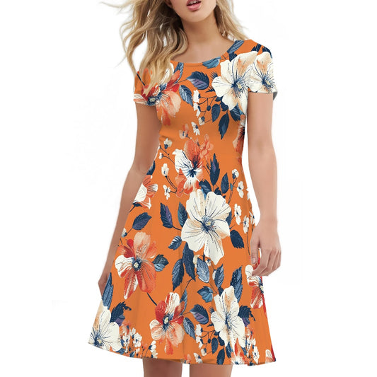 Women Scoop Neck Short Sleeve Ruffle Dress