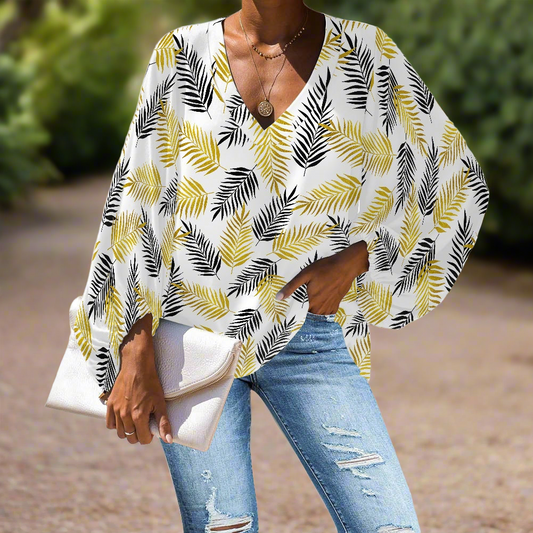 Black and Gold Palm Leaves V-Neck Chiffon Puff Sleeve Blouse by Luxtrini