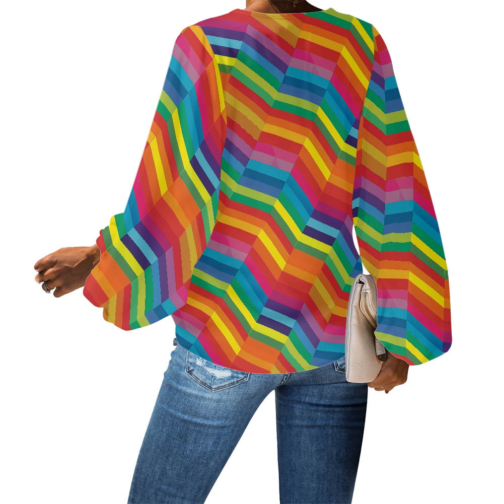 Rainbow Zigzag Stripes V-Neck Chiffon Puff Sleeve Blouse by Luxtrini