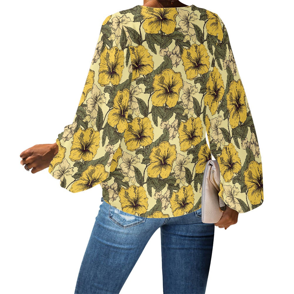 Tropical Yellow Hibiscus V-Neck Chiffon Puff Sleeve Blouse by Luxtrini