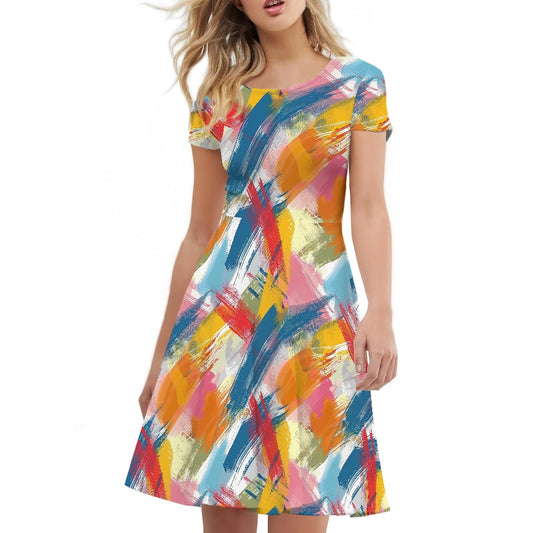 Women Scoop Neck Short Sleeve Ruffle Dress