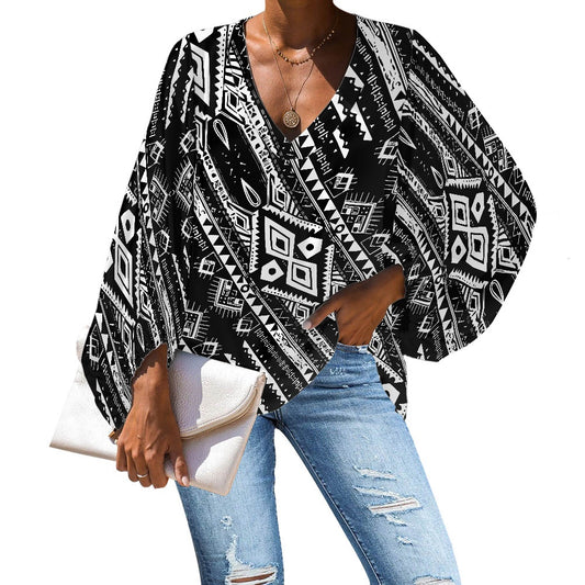 White with Bold Black Geometric V-Neck Chiffon Puff Sleeve Blouse by Luxtrini 4XL
