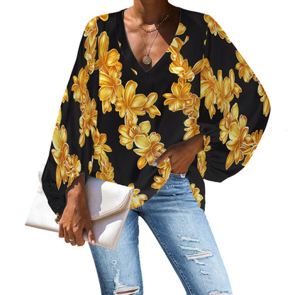 Golden Floral on Black V-Neck Chiffon Puff Sleeve Blouse by Luxtrini 4XL