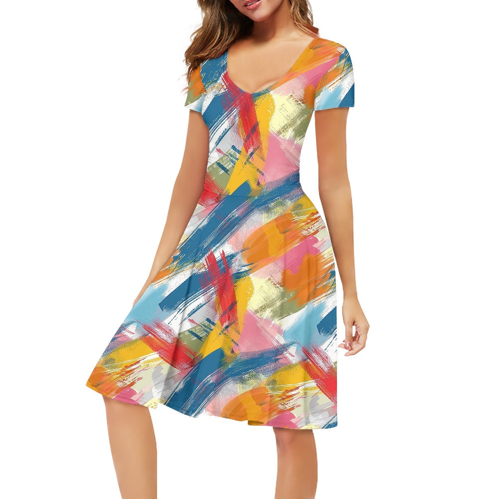 Women V-Neck Short Sleeve Ruffle Dress