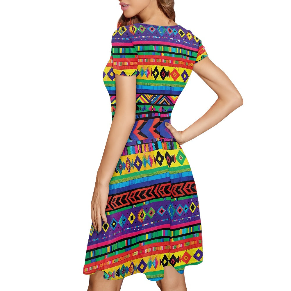 Women Scoop Neck Short Sleeve Ruffle Dress