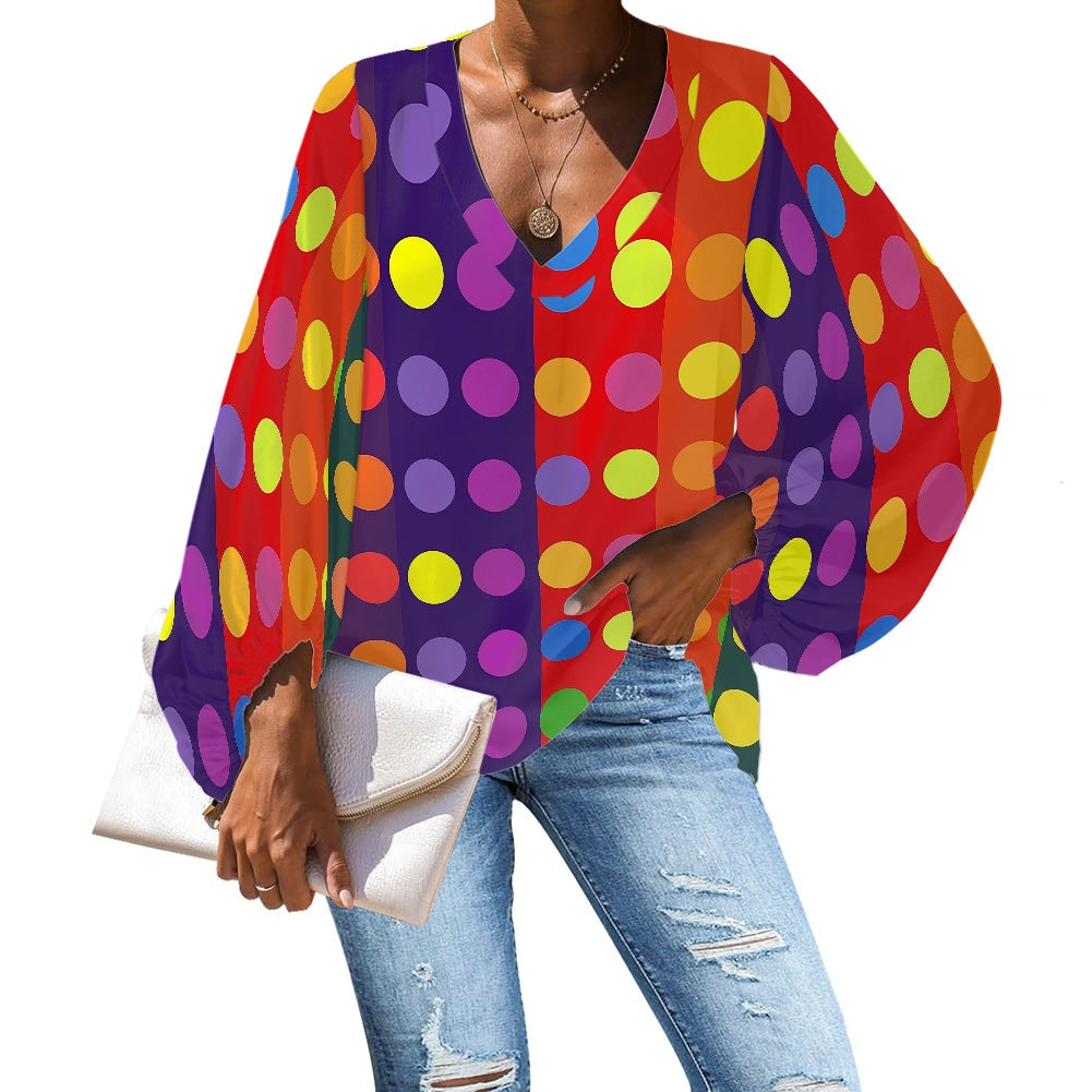Large Polka Dots on Large Stripes V-Neck Chiffon Puff Sleeve Blouse by Luxtrini