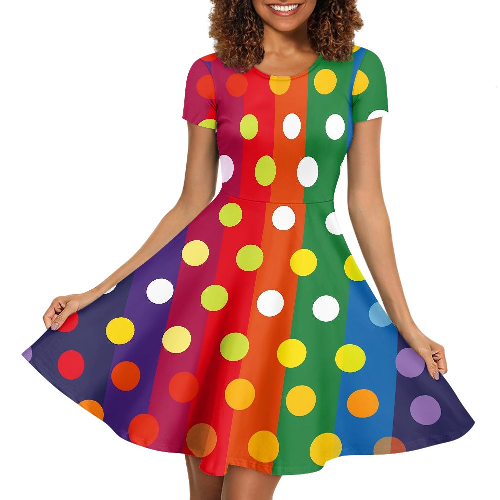 Rainbow Polka Women Scoop Neck Short Sleeve Ruffle Dress