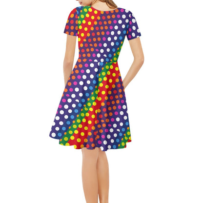 LGBTQ-Friendly Rainbow Polka Dot V-Neck Women Short Sleeve Ruffle Dress by Luxtrini