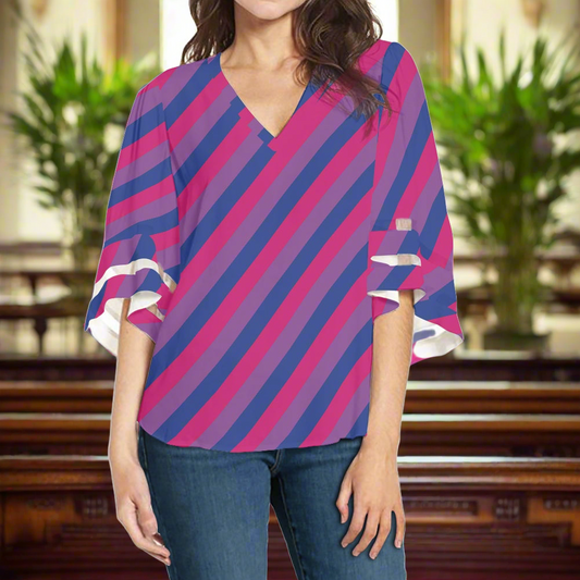 Handcrafted Purple Stripe Women Puff Sleeve Blouse