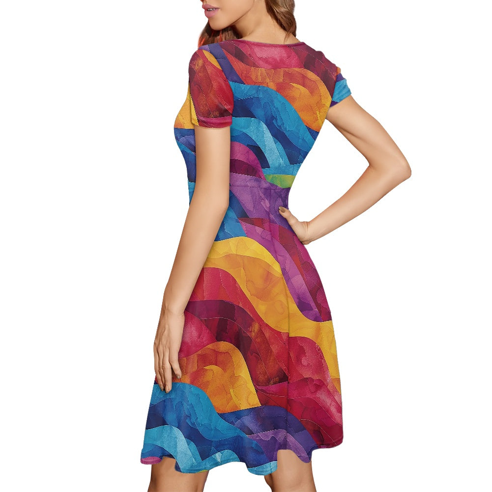 Women Scoop Neck Short Sleeve Ruffle Dress