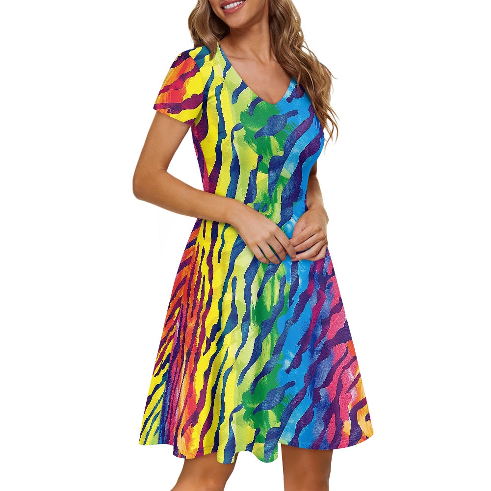 Rainbow Animal Skin Women V-Neck Short Sleeve Ruffle Dress
