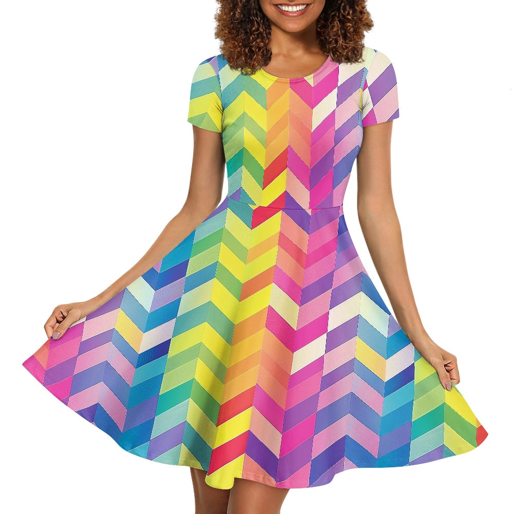 Women Scoop Neck Short Sleeve Ruffle Dress