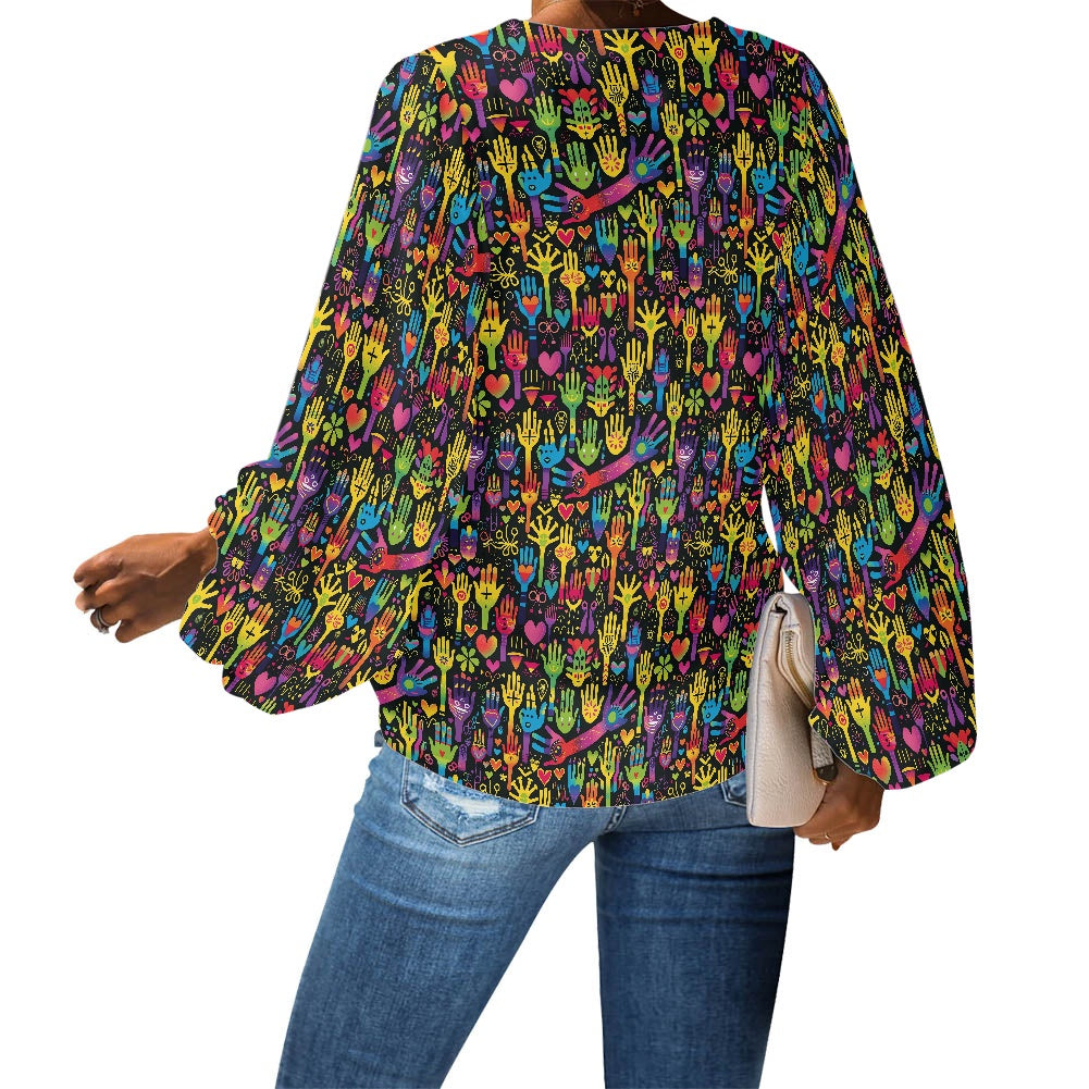 V-Neck Chiffon Puff Sleeve Blouse by Luxtrini