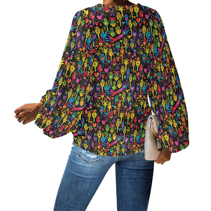 V-Neck Chiffon Puff Sleeve Blouse by Luxtrini