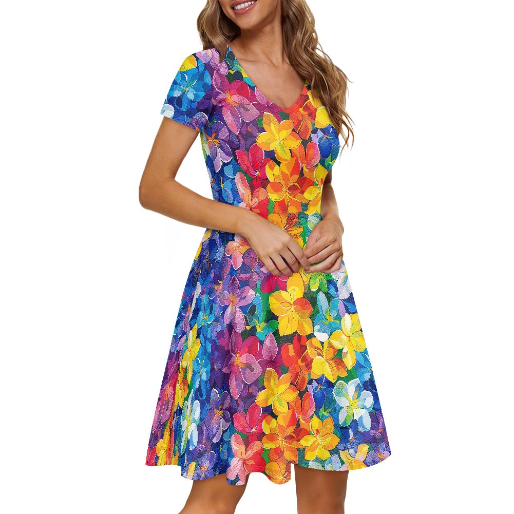 Rainbow Flowers Women V-Neck Short Sleeve Ruffle Dress