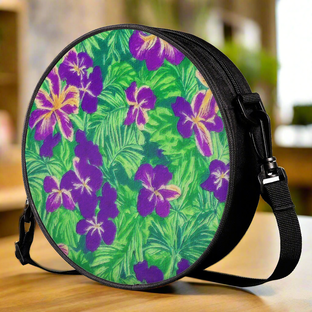 Round Satchel Bags - Blue Flag Iris on Green