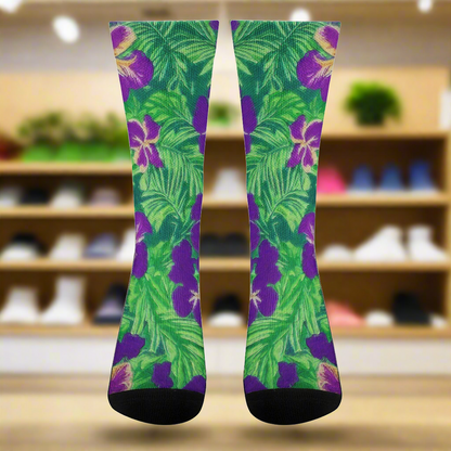 Blue Flag Iris on Green Crew Socks