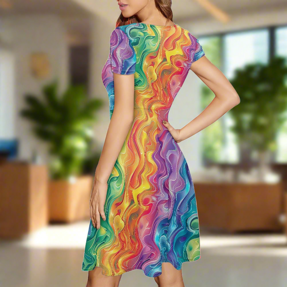 Women Scoop Neck Short Sleeve Ruffle Dress