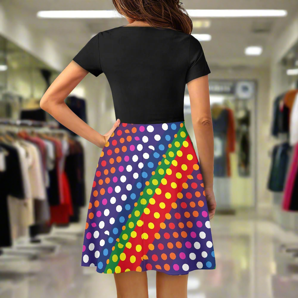 LGBTQ-Friendly Rainbow Polka Dot V-Neck Black Top Women short Sleeve Ruffle Dress by Luxtrini