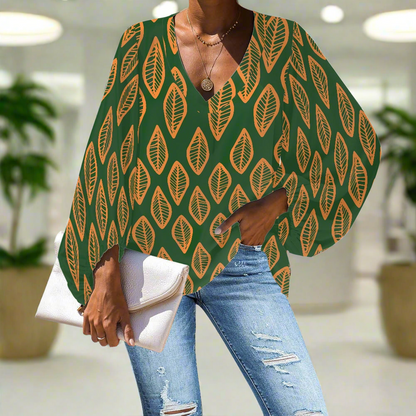Green and Orange Mudcloth V-Neck Chiffon Puff Sleeve Blouse by Luxtrini