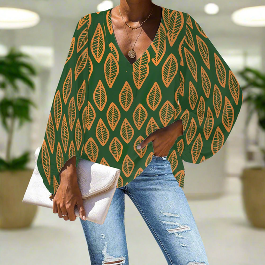 Green and Orange Mudcloth V-Neck Chiffon Puff Sleeve Blouse by Luxtrini