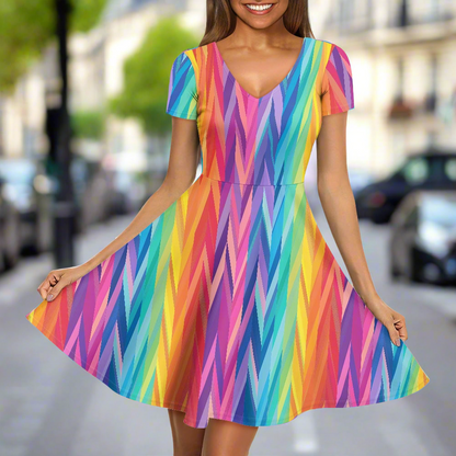 Rainbow Chevrons Women V-Neck Short Sleeve Ruffle Dress