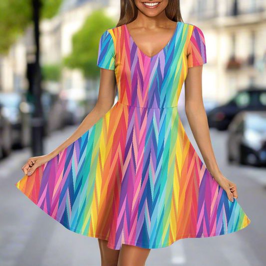 Rainbow Chevrons Women V-Neck Short Sleeve Ruffle Dress