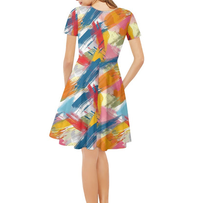 Women V-Neck Short Sleeve Ruffle Dress