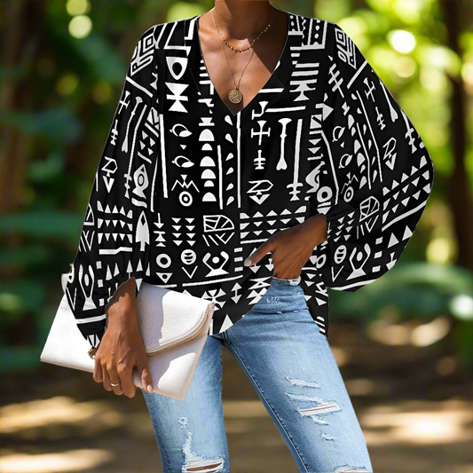 Geometric Tribal Symbols V-Neck Chiffon Puff Sleeve Blouse by Luxtrini