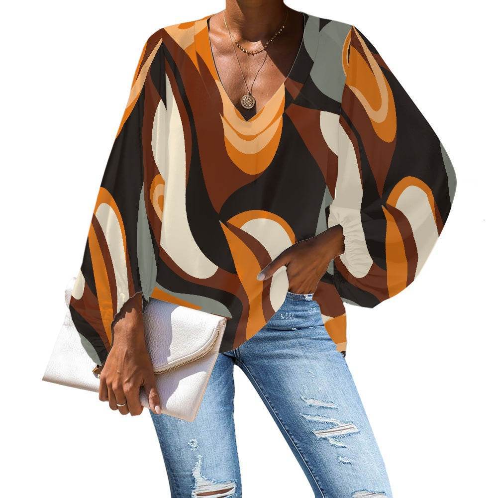 Abstract Curved Lines V-Neck Chiffon Puff Sleeve Blouse by Luxtrini 4XL