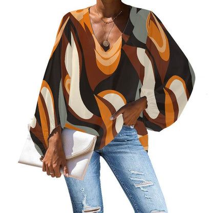 Abstract Curved Lines V-Neck Chiffon Puff Sleeve Blouse by Luxtrini 4XL