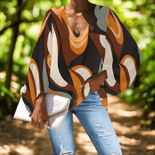 Abstract Curved Lines V-Neck Chiffon Puff Sleeve Blouse by Luxtrini