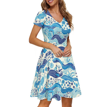 Blue Ocean Women V-Neck Short Sleeve Ruffle Dress