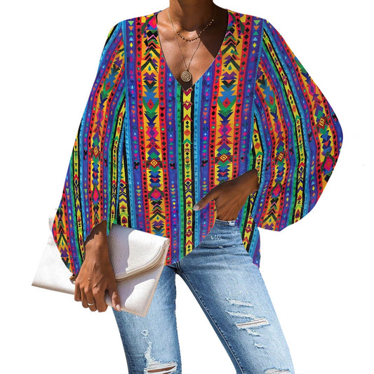 V-Neck Chiffon Puff Sleeve Blouse by Luxtrini 4XL