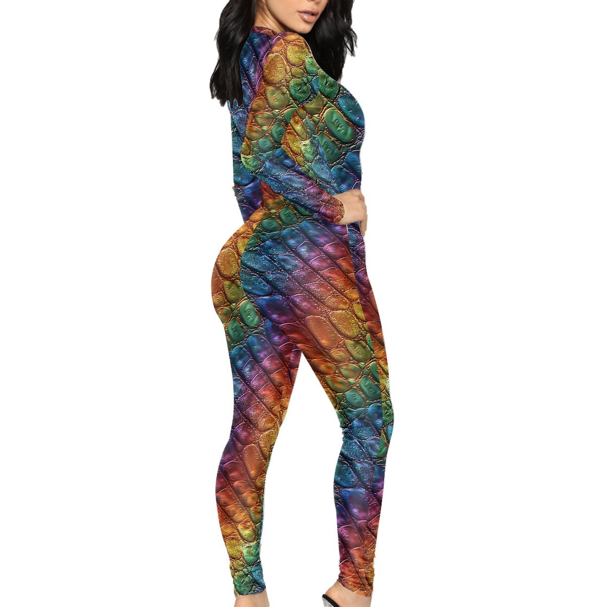 Unique Alligator Skin pattern Rainbow Pride Women's Plunging Neck Jumpsuit