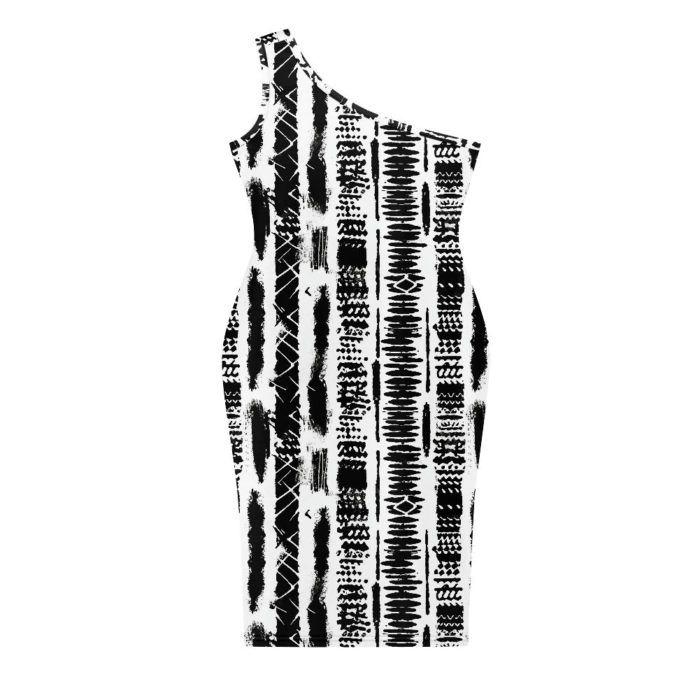 Discover Elegance: Luxtrini's One-Shoulder Slim Dress - Ethnic African B&W white