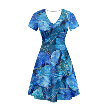 Blue Leaves Women V-Neck Short Sleeve Ruffle Dress white