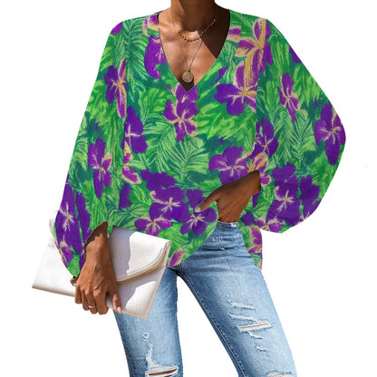 Tropical Purple Hibiscus and Palm Leaf V-Neck Chiffon Puff Sleeve Blouse by Luxtrini 4XL