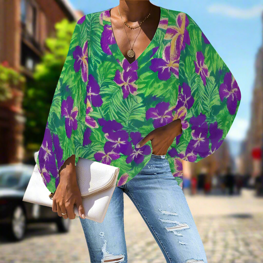 Tropical Purple Hibiscus and Palm Leaf V-Neck Chiffon Puff Sleeve Blouse by Luxtrini