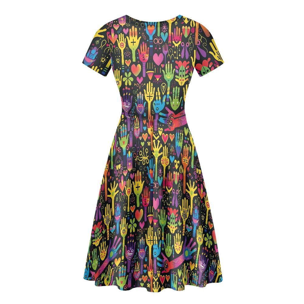 Women Scoop Neck Short Sleeve Ruffle Dress