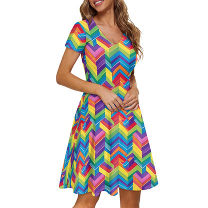 Rainbow Geometric Women V-Neck Short Sleeve Ruffle Dress
