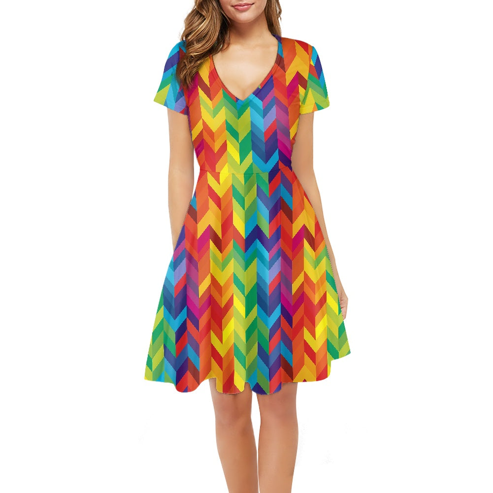Rainbow Chevron Women V-Neck Short Sleeve Ruffle Dress
