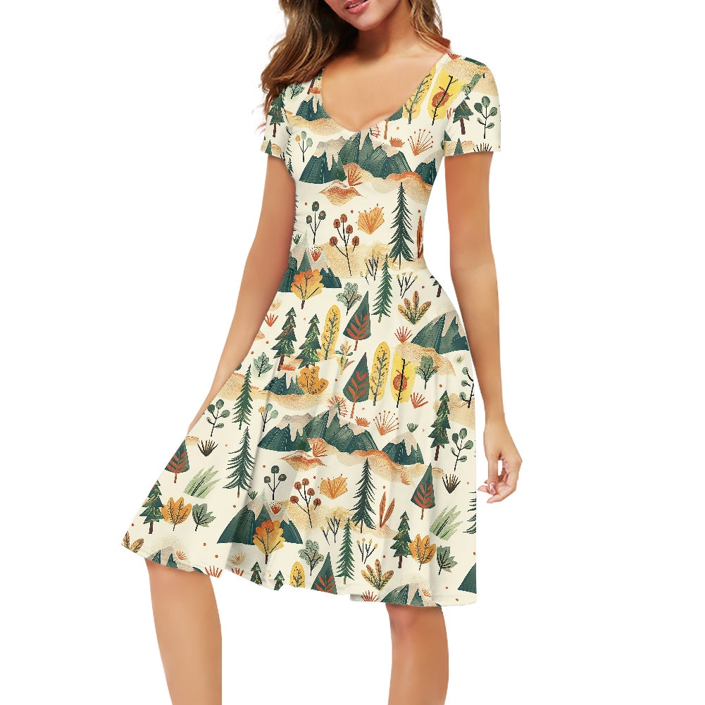 Women V-Neck Short Sleeve Ruffle Dress